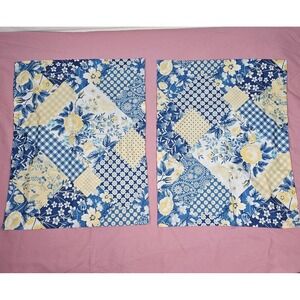 VTG Gold Coast Blue Yellow Floral Gingham Polyester Pillow Cover Set 2 Farmhouse
